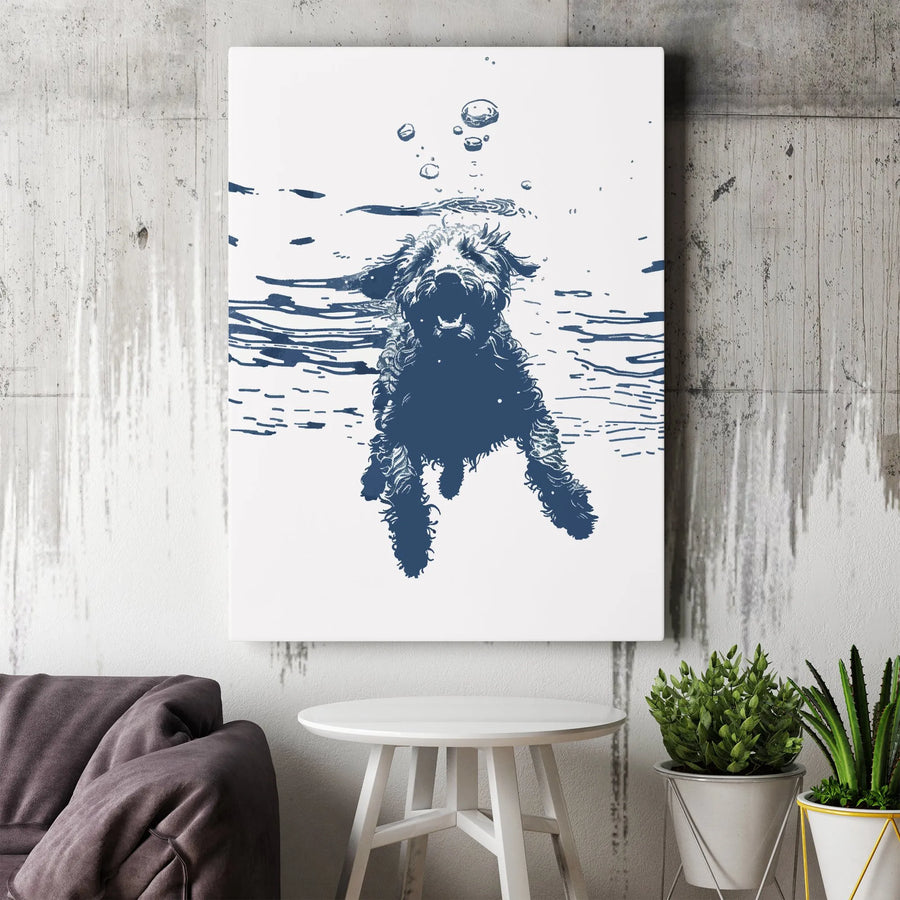 Swimming Dog Canvas Wall Art | Minimalist Underwater Sketch Print | Premium 1.25" Thick Gallery Wrap | Unique Gift for Dog Lover & Pet Owner