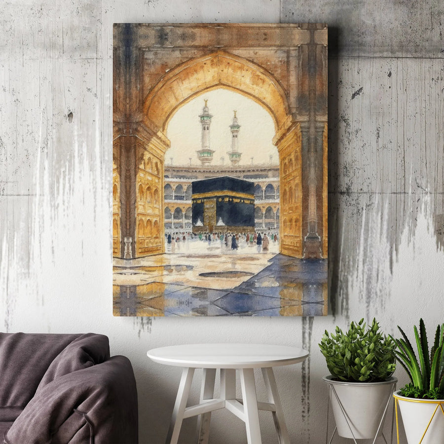 Kaaba Watercolor Wall Art | Mecca Grand Mosque Islamic Print | 1.25-Inch Gallery-Wrapped Canvas | Premium Home & Office Decor Gift