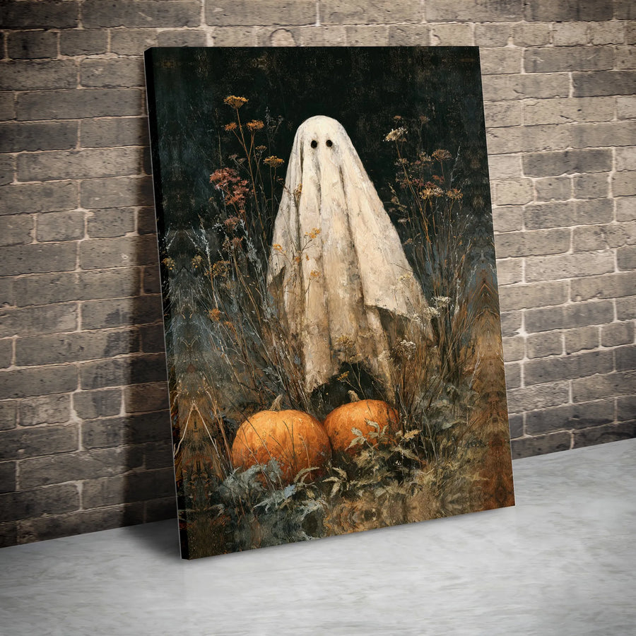 Vintage Halloween Ghost Canvas Wall Art | Spooky Wildflower Meadow with Pumpkins | Premium Gallery-Wrapped Print | Haunted Aesthetic Home Decor Gift