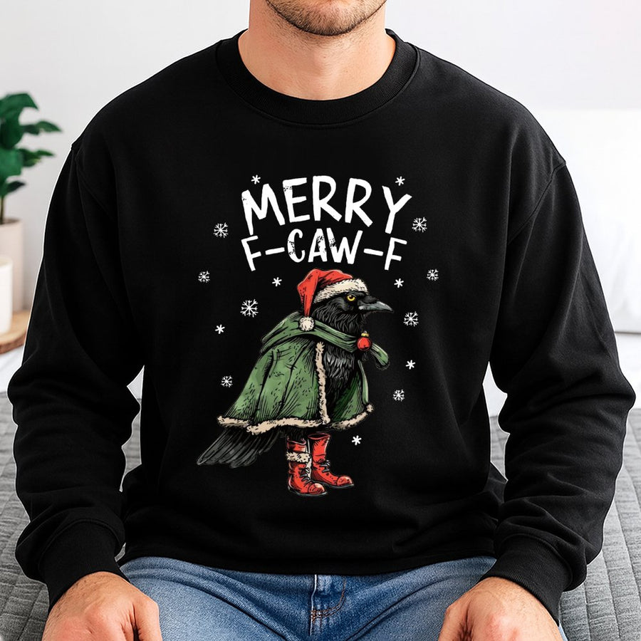 Merry F-Caw-F Christmas Sweatshirt | Funny Raven Graphic Tee | Soft Cotton Blend Unisex Pullover | Holiday Gift for Bird Lovers and Goth Fans