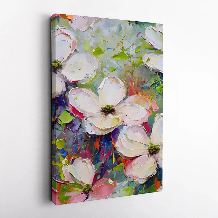 White Dogwood Flower Canvas Wall Art | Colorful Impasto Floral Painting | Premium Gallery Wrap | Modern Home Decor Gift