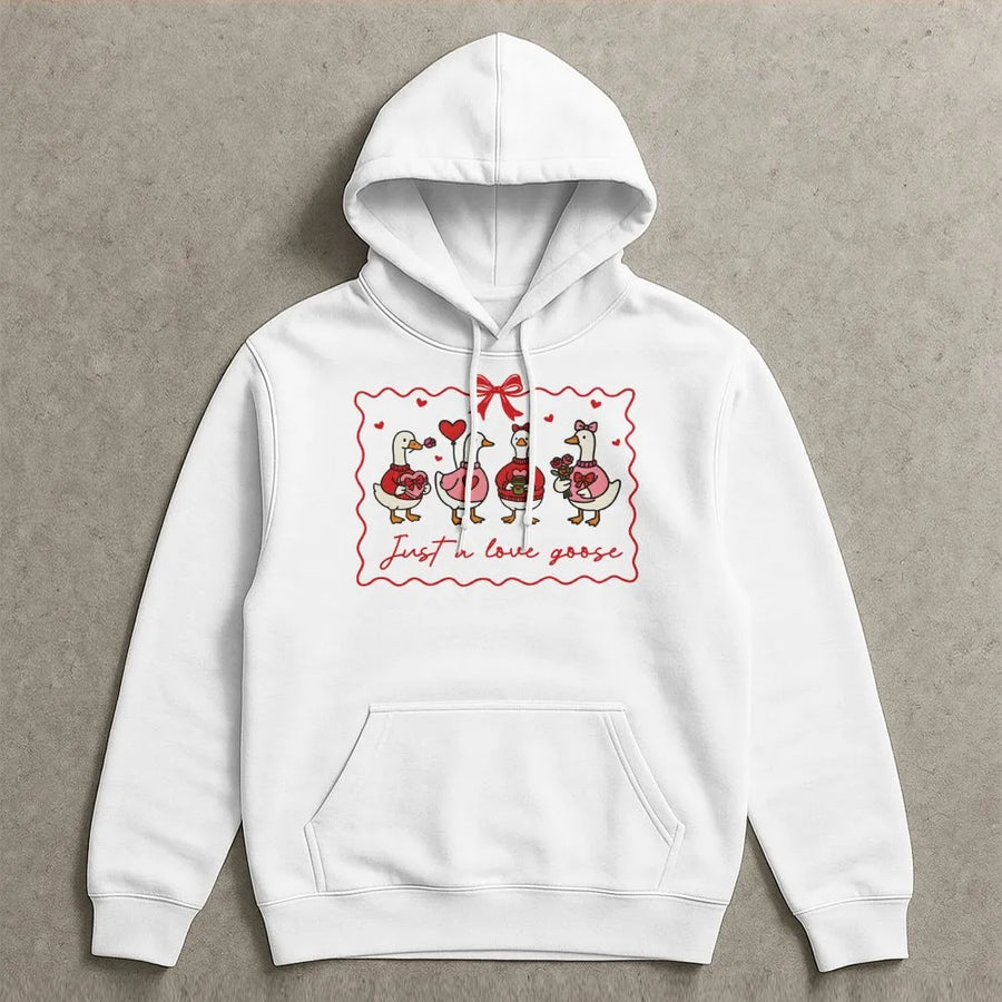 Just A Love Goose Hoodie | Cute Valentine Animal Graphic | Soft Cotton Blend Unisex Pullover | Funny Gift For Goose Lovers & Bird Enthusiasts
