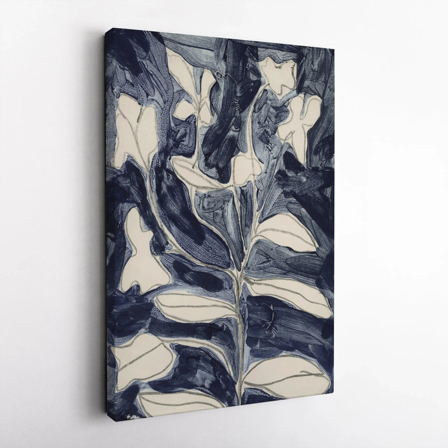 Abstract Indigo Floral Vertical Canvas | Modern Botanical Painting Print | Premium Gallery Wrapped Wall Art | Limited Edition Gift for Home Decor