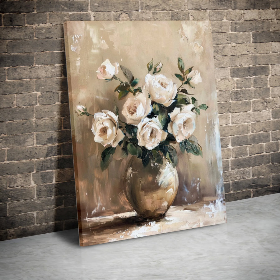White Rose Still Life Canvas Wall Art | Neutral Oil Painting Print | Gallery Quality 1.25" Profile | Elegant Floral Home Decor for Living Room