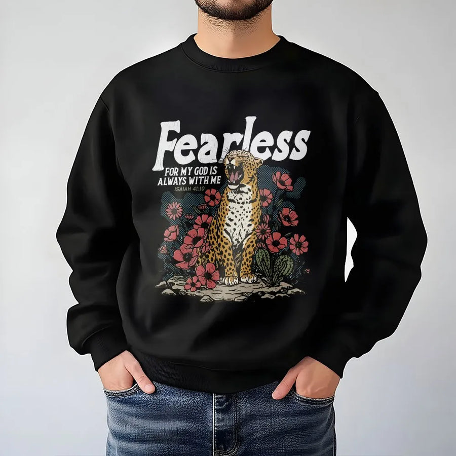 Fearless Christian Sweatshirt | Leopard & Floral Bible Verse Pullover | Soft Cotton Blend | Inspirational Faith Based Gift