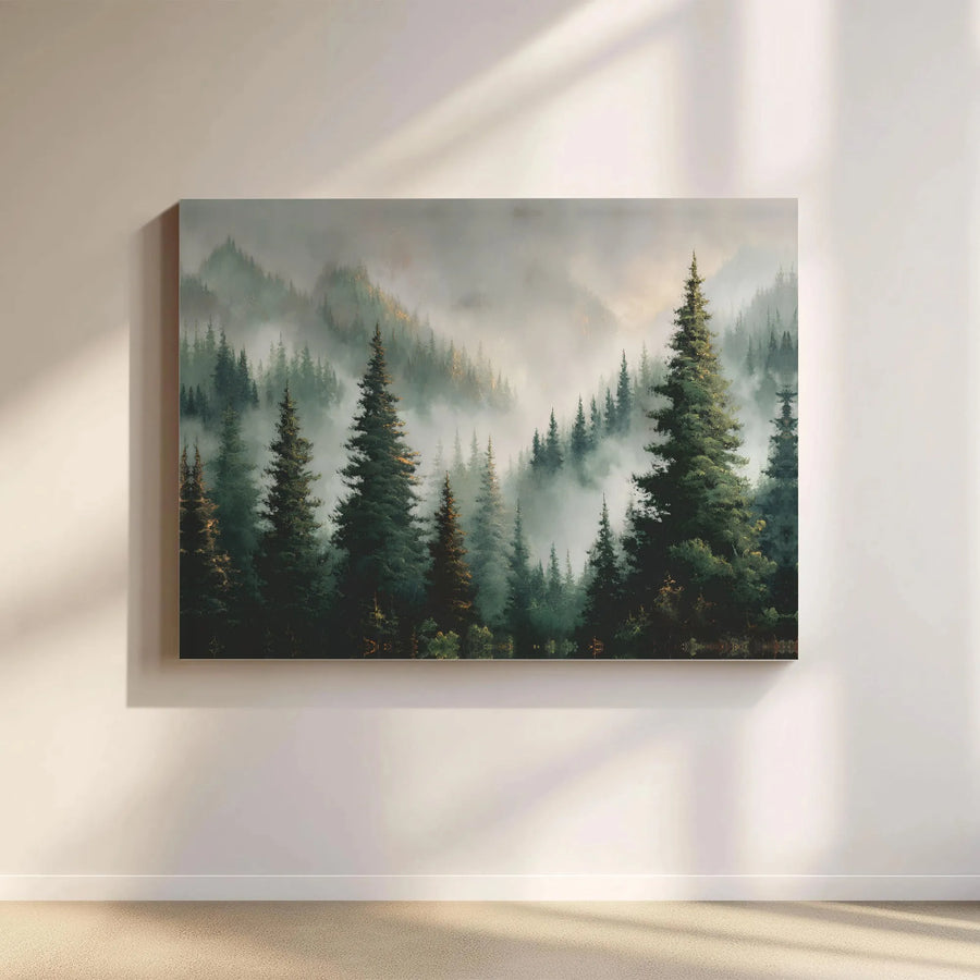 Misty Forest Canvas Wall Art | Evergreen Mountain Landscape Painting | Premium Gallery Wrap Print | Rustic Home Decor Gift