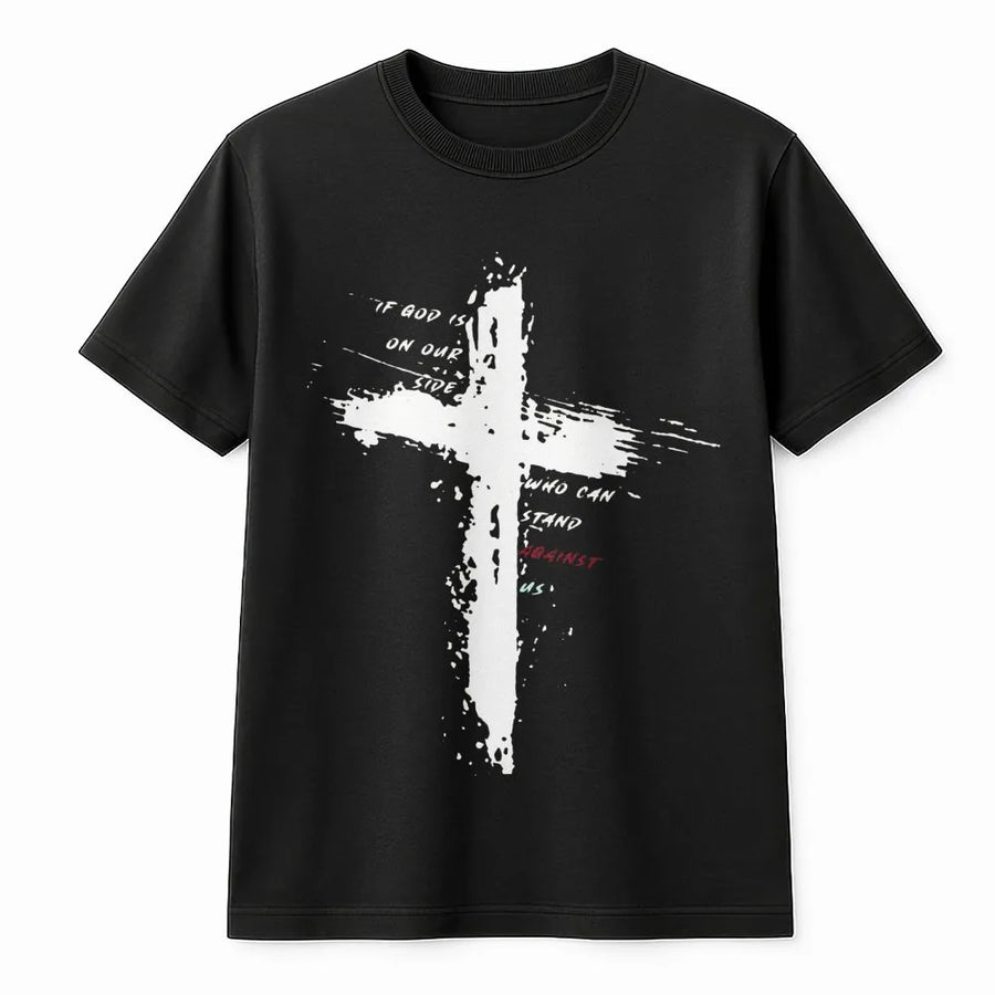 Faith Cross T-Shirt | If God Is For Us Who Can Be Against Us Verse | Premium Soft Cotton Religious Graphic Tee | Christian Gift for Men and Women