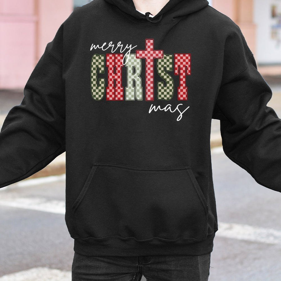 Merry Christmas Cross Hoodie | Checkered Holiday Graphic Print | Premium Cotton Blend | Religious Christian Gift for Women and Men
