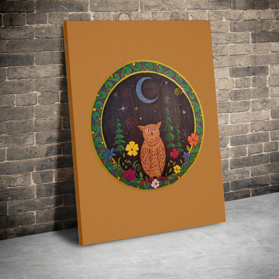 Folk Art Owl Wall Art | Night Forest Floral Crescent Moon Print | Premium Gallery Canvas | Whimsical Nature Lover Gift Decor
