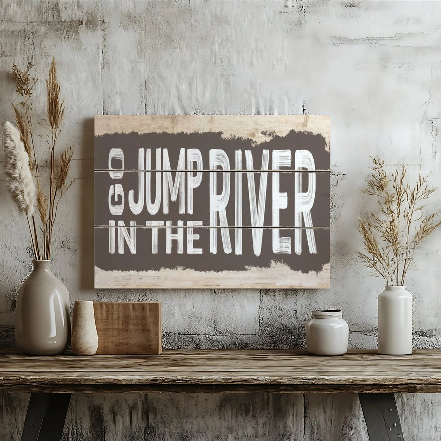 Go Jump In The River Canvas Wall Art | Rustic Farmhouse Sign with Distressed Wood Effect | Premium Canvas Print | Lake House & Cabin Decor Gift