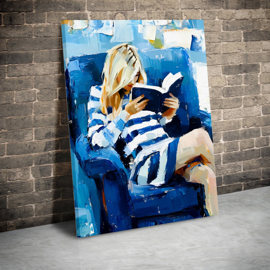 Woman Reading Painting | Impressionist Blue Armchair Wall Art | Gallery Quality 1.25 Inch Canvas | Premium Home Decor Gift for Book Lovers
