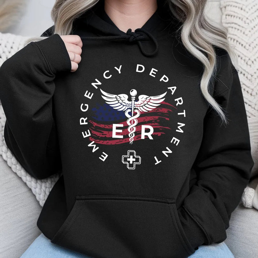 ER Nurse Hoodie | Patriotic American Flag Caduceus Emblem | Soft Breathable Cotton | Premium Gift for Emergency Room Staff and RNs