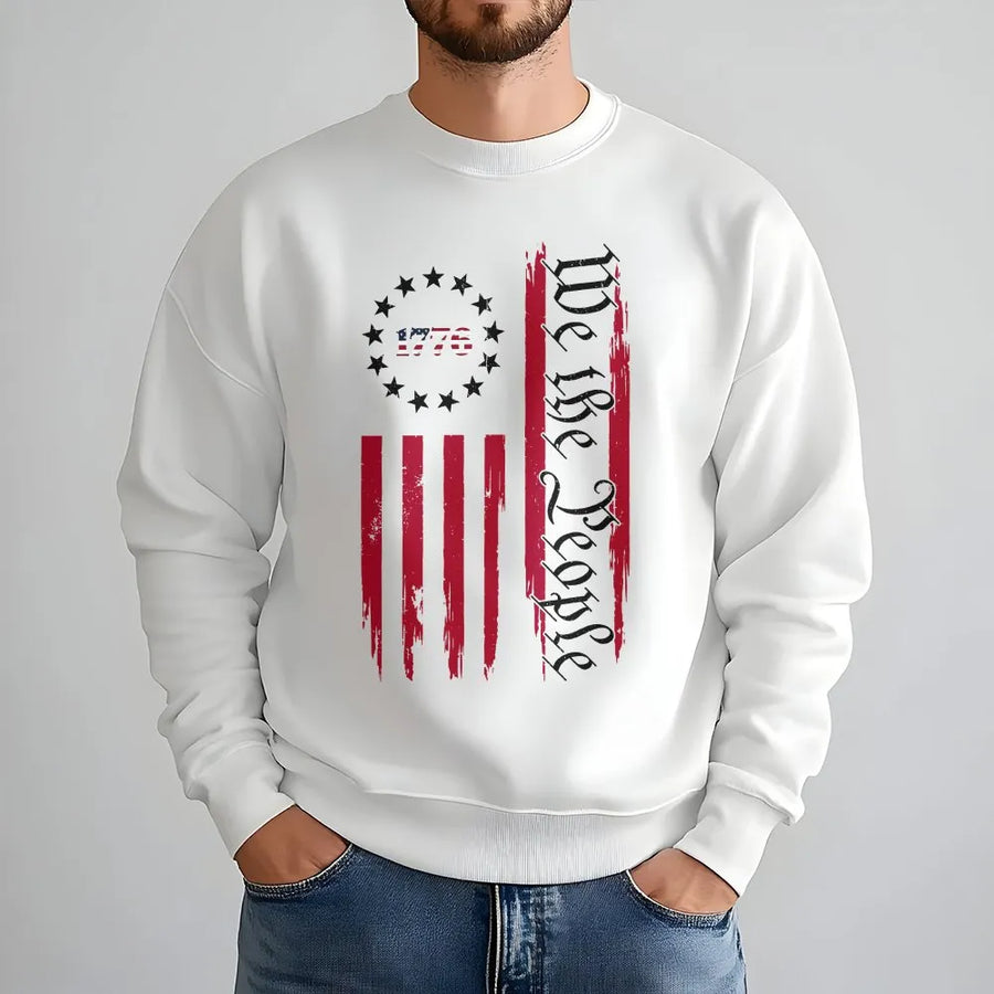We The People 1776 Sweatshirt | Vintage Distressed Vertical USA Flag | Premium Cotton Blend | Patriotic 4th of July Gift for Men