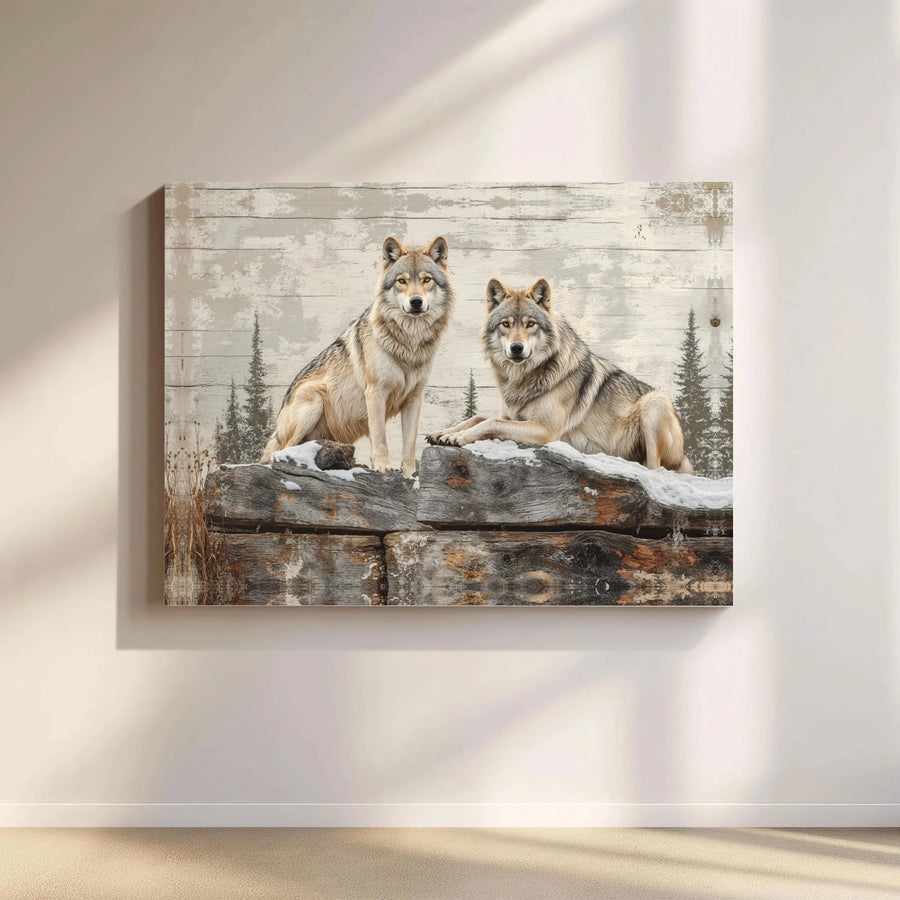 Two Wolves Canvas Wall Art | Rustic Winter Forest Wildlife Print | Premium Gallery Wrap Decor | Nature Lover Gift