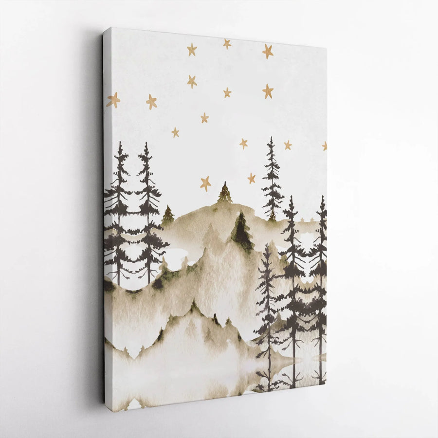 Watercolor Mountain Forest Canvas | Pine Tree Starry Night Landscape | Gallery-Wrapped Premium Decor | Neutral Boho Wall Art for Home Office