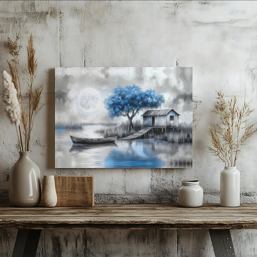 Moonlit Lake Canvas Wall Art | Blue Tree on Grayscale Lake Scene | Gallery Wrapped 1.25" Canvas | Premium Home Decor Gift