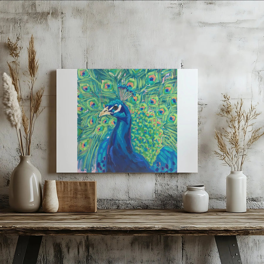 Colorful Peacock Canvas Wall Art | Vibrant Painterly Bird Painting | Premium Gallery Wrapped Print | Modern Living Room Decor Gift for Bird Lovers