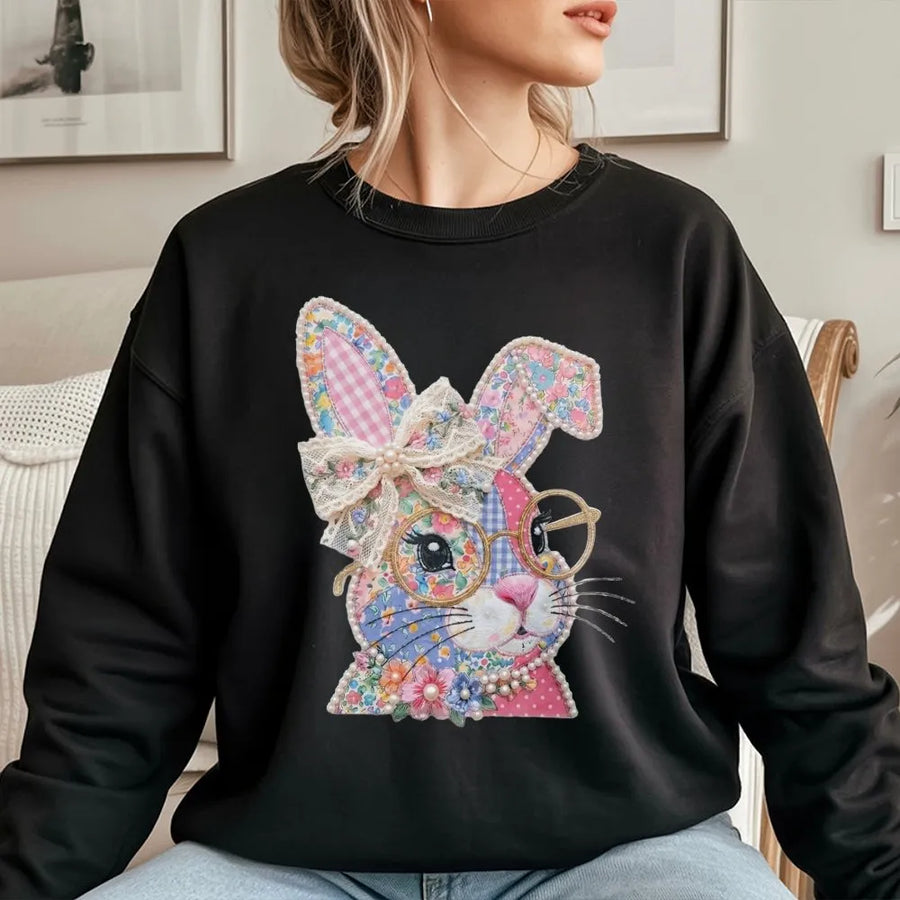 Floral Easter Bunny Sweatshirt | Patchwork Rabbit Graphic with Glasses and Bow | Premium Cotton Blend | Cute Spring Holiday Gift for Women