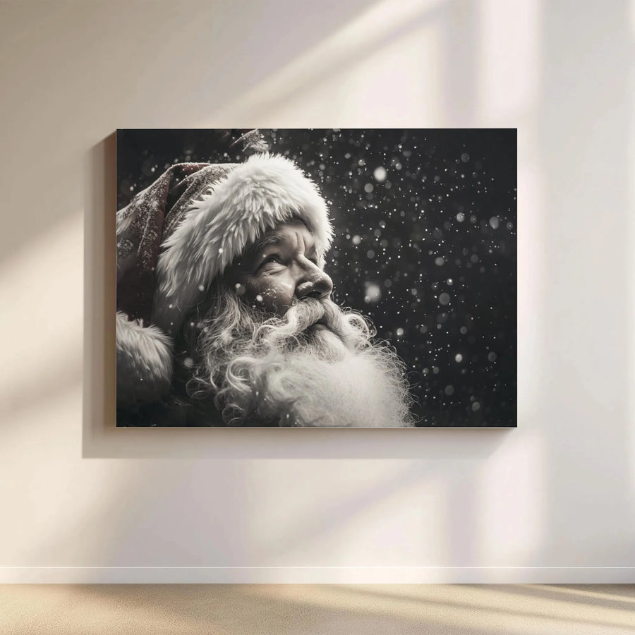 Santa Claus Canvas Wall Art | Black and White Snowy Portrait | Premium Gallery Wrap Print | Festive Holiday Home Decor