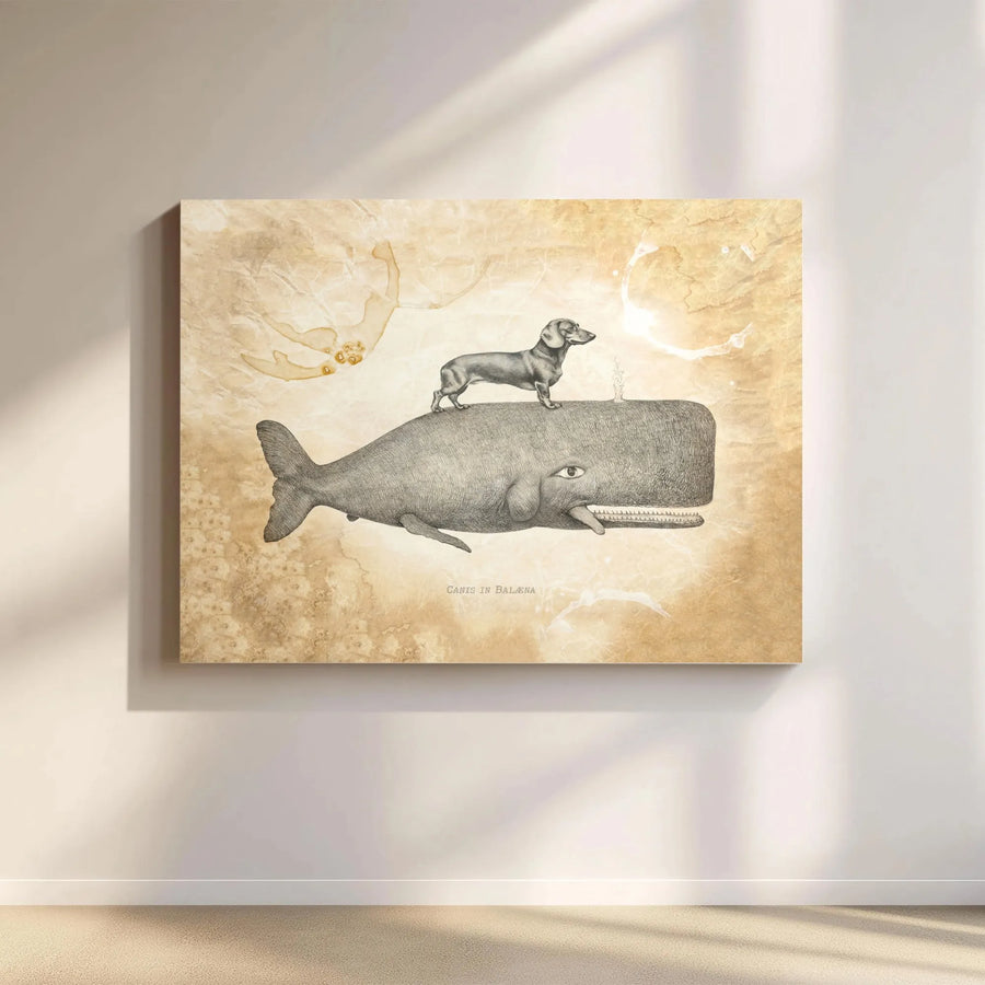 Dachshund on Whale Canvas Wall Art | Vintage Scientific Illustration | Premium Fade-Resistant Print | Surreal Home Decor Gift for Dog Lover