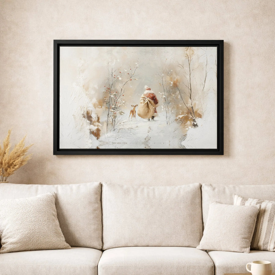 Santa Claus and Reindeer Canvas Art | Whimsical Snowy Forest Christmas Decor | Gallery Quality Premium Print | Festive Holiday Wall Art Gift