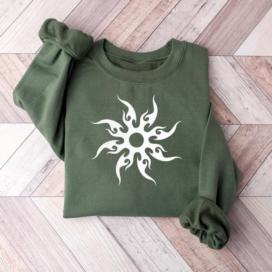 Tribal Sun Flame Sweatshirt | Y2K Grunge Aesthetic Graphic | Cotton Blend Premium Crewneck | Unisex Streetwear Gift for Him and Her