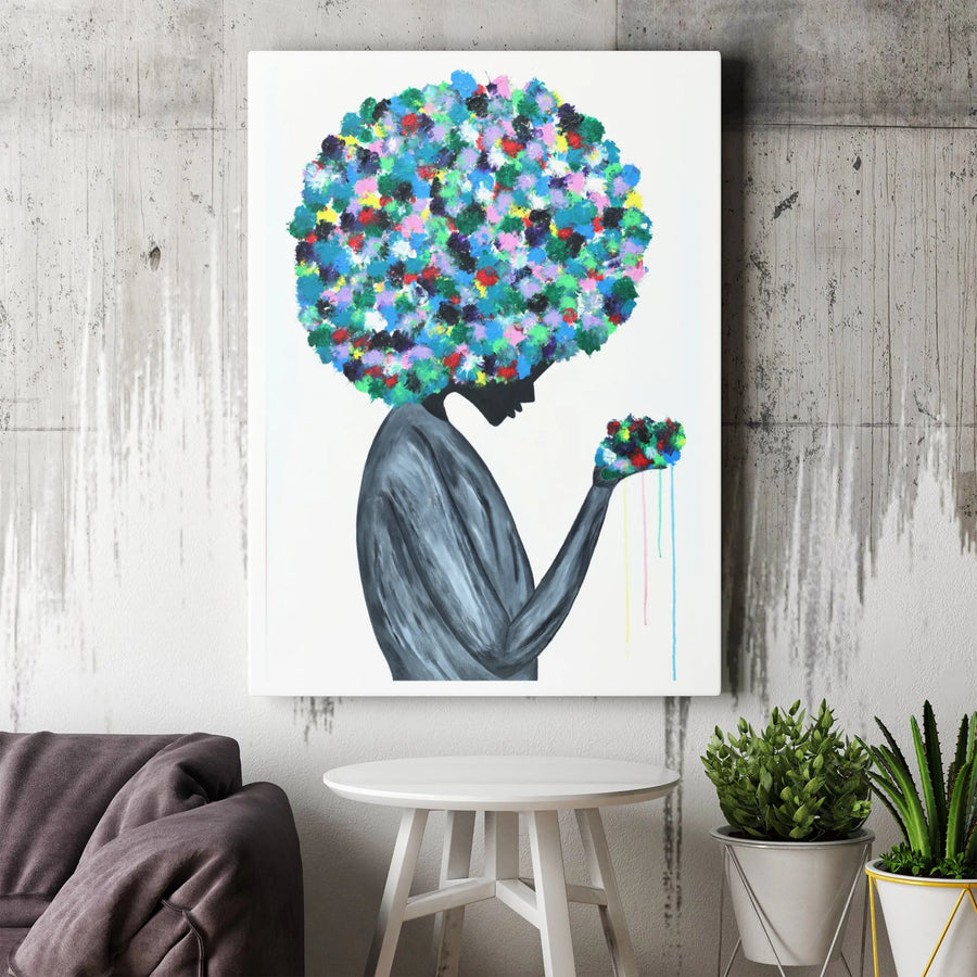 Black Woman Art Print | Colorful Floral Afro Abstract Canvas | Gallery Wrapped Premium Wall Decor | Inspiring Home Office Gift for Her