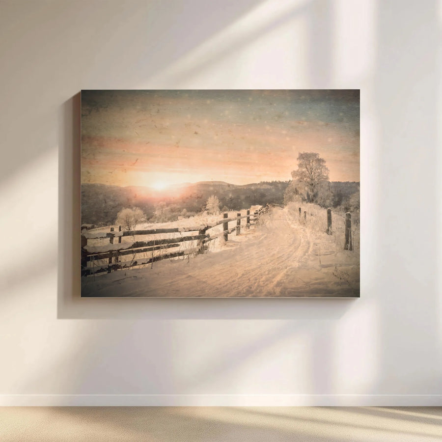 Winter Landscape Canvas Art | Snowy Country Road Sunset Print | Premium 1.25 Inch Gallery Wrap | Seasonal Farmhouse Home Decor