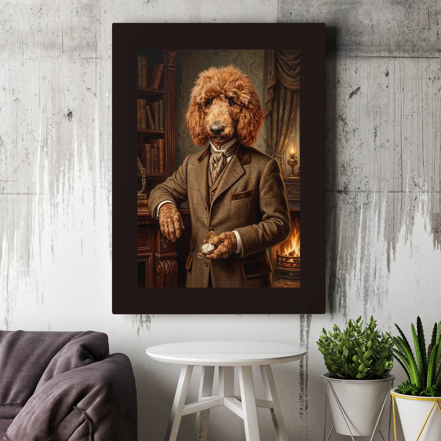 Victorian Goldendoodle Dog Portrait Vertical Canvas | Funny Gentleman Dog in Tweed Suit Wall Art | Premium 1.25" Gallery Wrap | Whimsical Gift for Pet Lovers