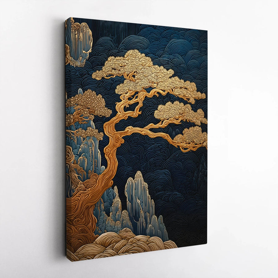 Japanese Pine Tree Canvas Wall Art | Golden Bonsai & Blue Waves Print | Premium Gallery Wrap Decor | Zen Office or Living Room Gift