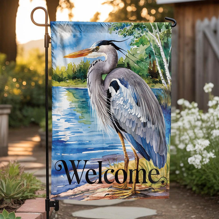 Blue Heron Garden Flag | Artistic Lakeside Bird Welcome Sign | Weather-Resistant Premium Polyester | Outdoor Home Decor Gift