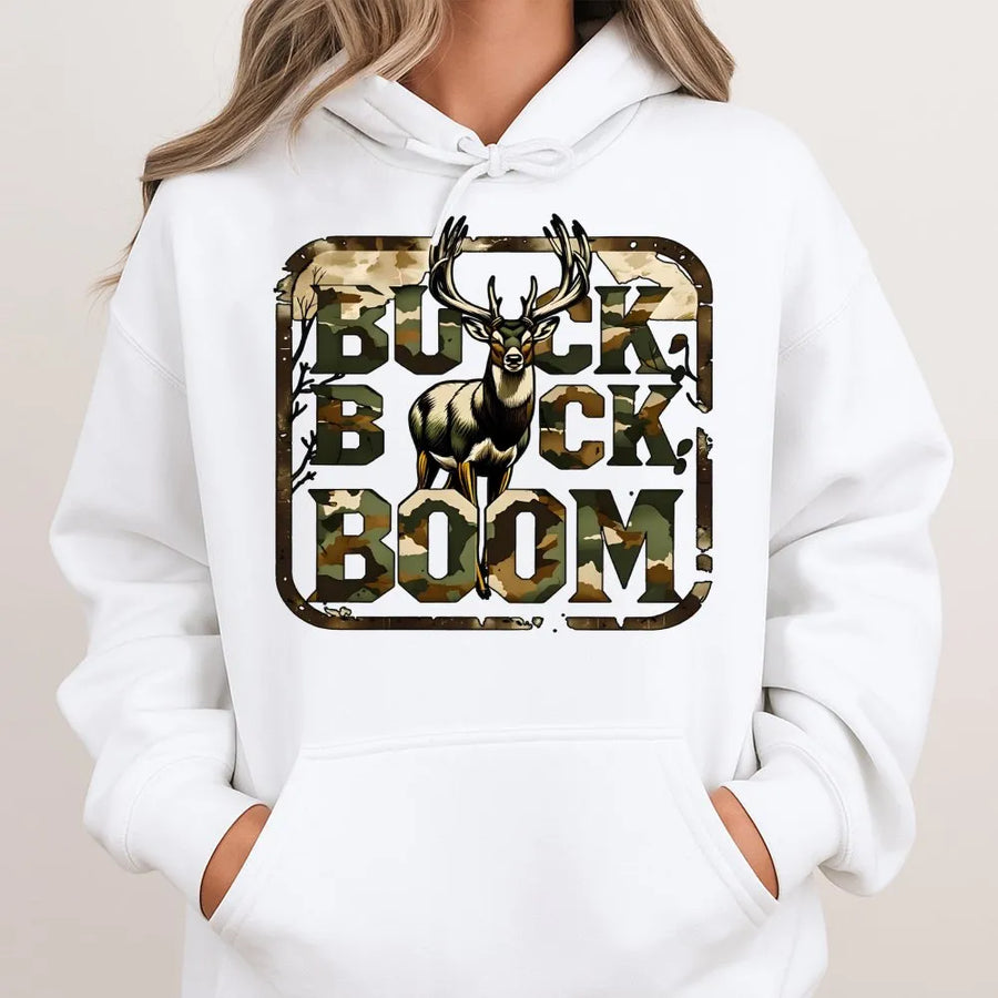 Buck Boom Hunting Hoodie | Camo Deer Antler Graphic Design | Premium Cotton Blend | Gift For Deer Hunter Outdoorsman