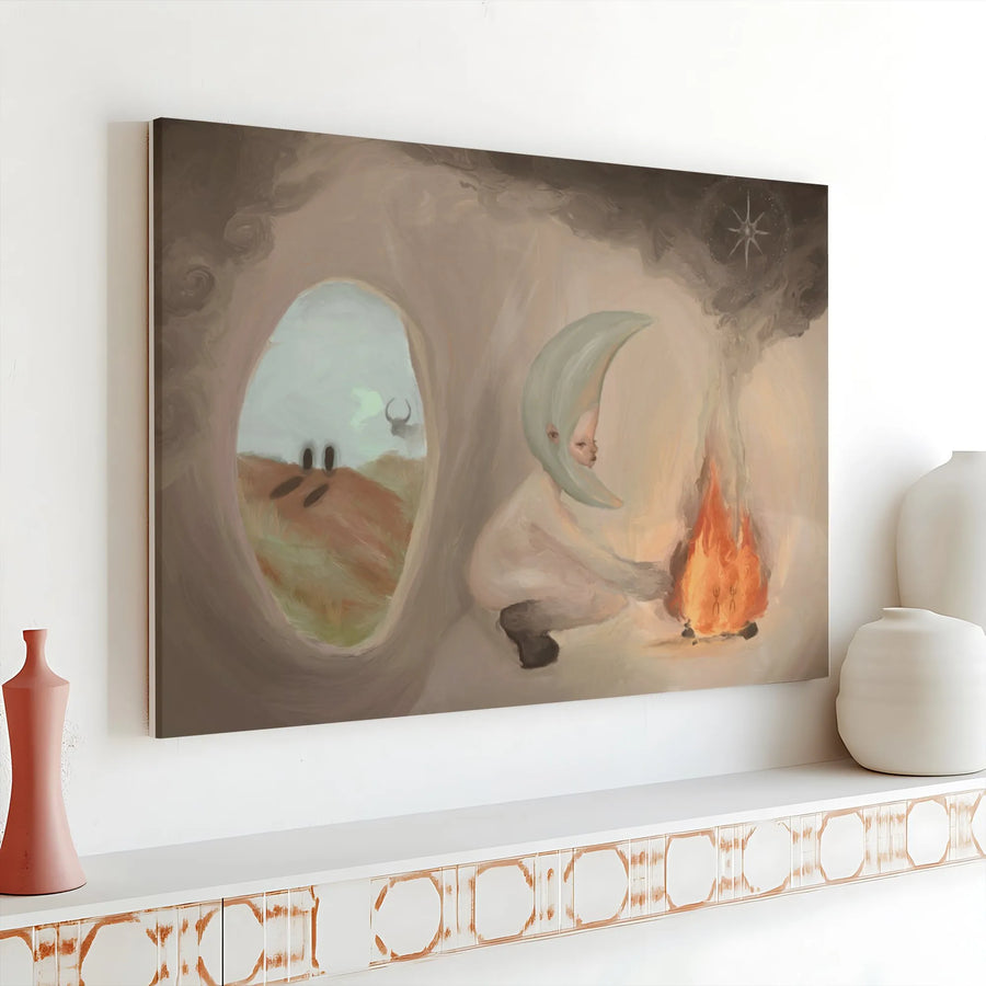 Surreal Moon Person Canvas Print | Mystical Campfire and Star Art | Premium Gallery Wrap Canvas | Unique Surrealism Home Decor Gift