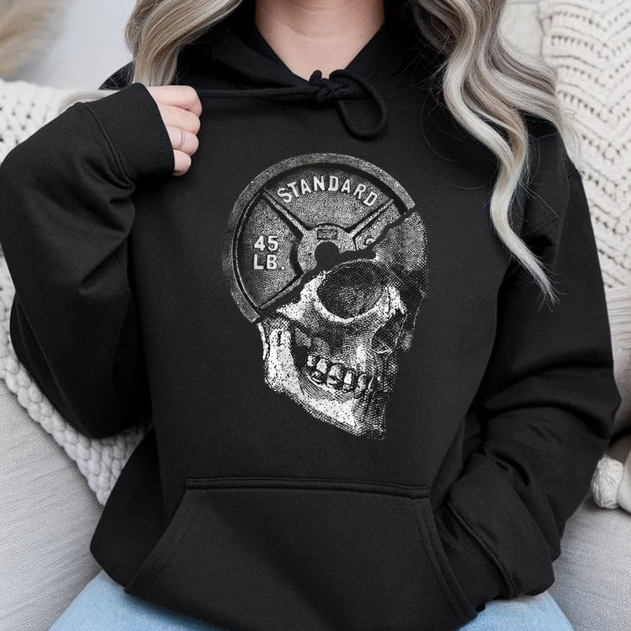 Gym Skull Hoodie | 45lb Weight Plate Graphic | Premium Cotton Fitness Tee | Gift for Bodybuilder or Weightlifter