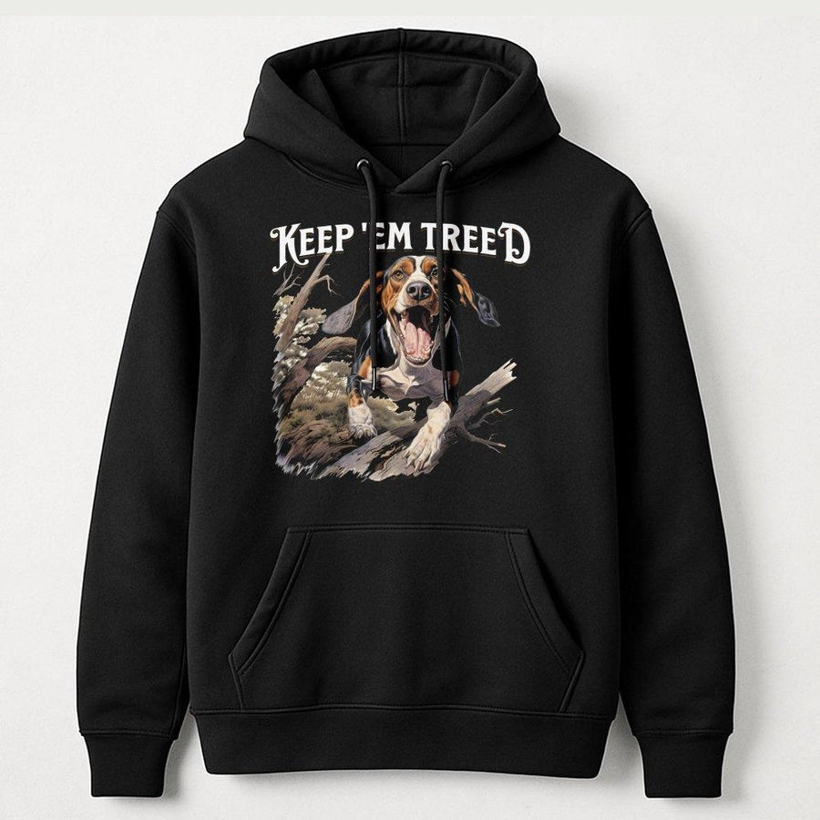 Keep Em Treed Hoodie | Coon Hunting Hound Dog Graphic | Premium Cotton Blend | Gift For Outdoorsmen And Hunters