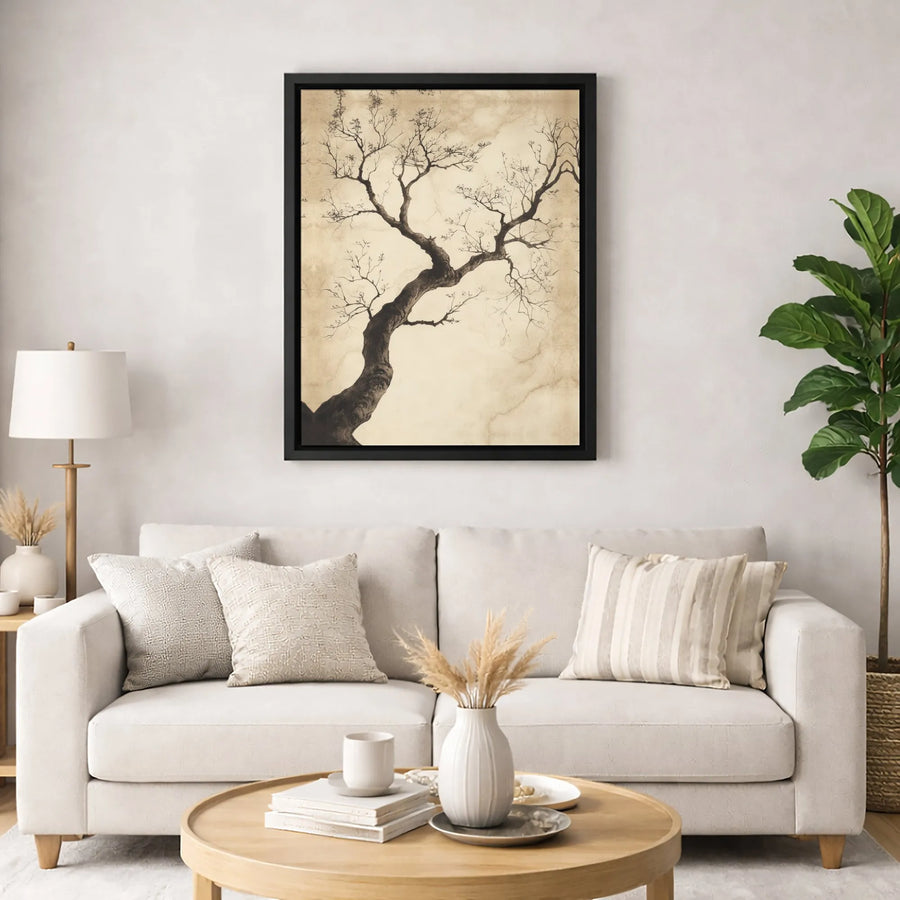 Gnarled Bare Tree Canvas Wall Art | Vintage Sepia Botanical Drawing | Premium 1.25" Framed Gallery Print | Nature-Inspired Home Office Decor
