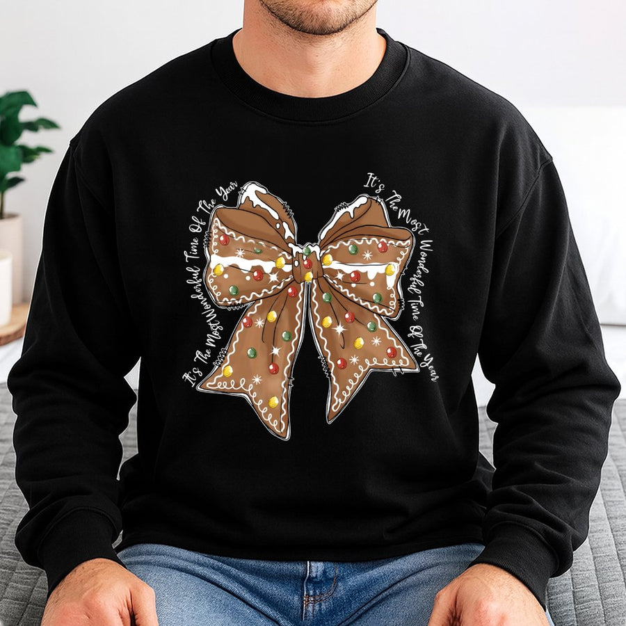 Gingerbread Bow Christmas Sweatshirt | Coquette Aesthetic Cookie Print | Premium Cotton Blend Crewneck | Festive Holiday Gift for Women
