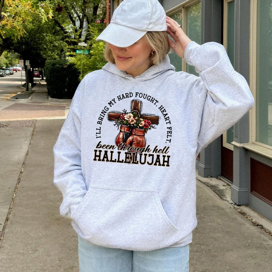 Been Through Hell Hallelujah Hoodie | Christian Boxing Cross Graphic Print | Premium Cotton Blend | Faith Inspired Gift for Strong Women