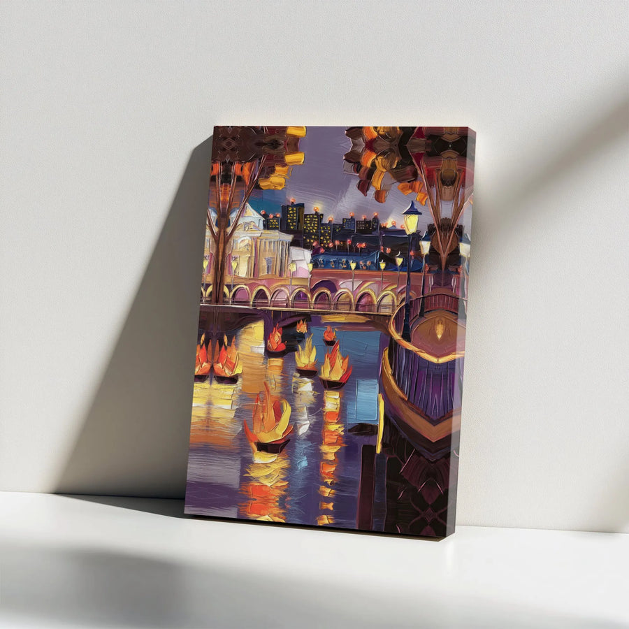 Night River Canvas Wall Art | Impressionist Floating Lanterns Cityscape | Premium Gallery Wrapped Decor | Ready To Hang Modern Home Gift
