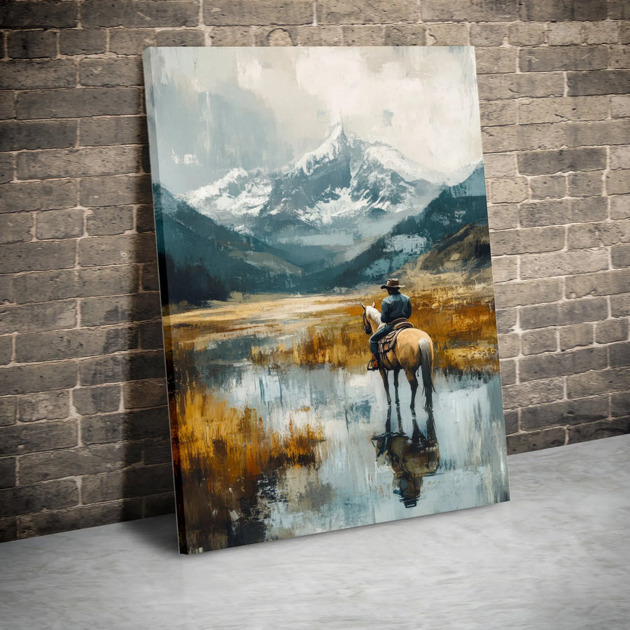 Western Cowboy Canvas Wall Art | Lone Rider Mountain Landscape Print | Premium Gallery-Wrapped Canvas | Rustic Home Decor Gift for Him