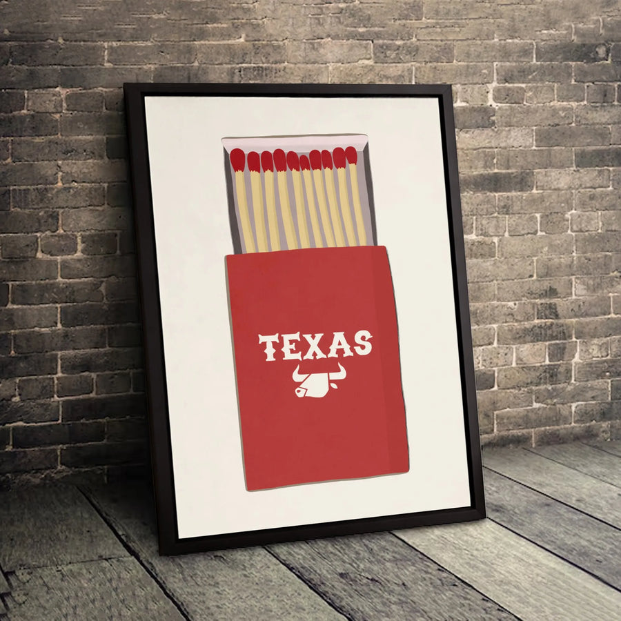 Texas Matchbox Wall Art | Vintage Longhorn Steer Graphic Print | 1.25" Premium Gallery Canvas | Western Home Decor Gift for Cowgirl