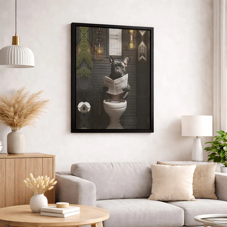 Funny French Bulldog Reading Newspaper On Toilet Canvas | Whimsical Bathroom Wall Art | 1.25" Premium Gallery-Wrapped Canvas | Quirky Home Decor Gift