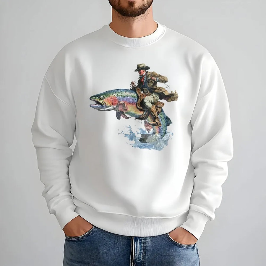 Cowboy Riding Fish Sweatshirt | Funny Western Trout Fishing Graphic Tee | Soft Cotton Unisex Top | Unique Gift for Angler