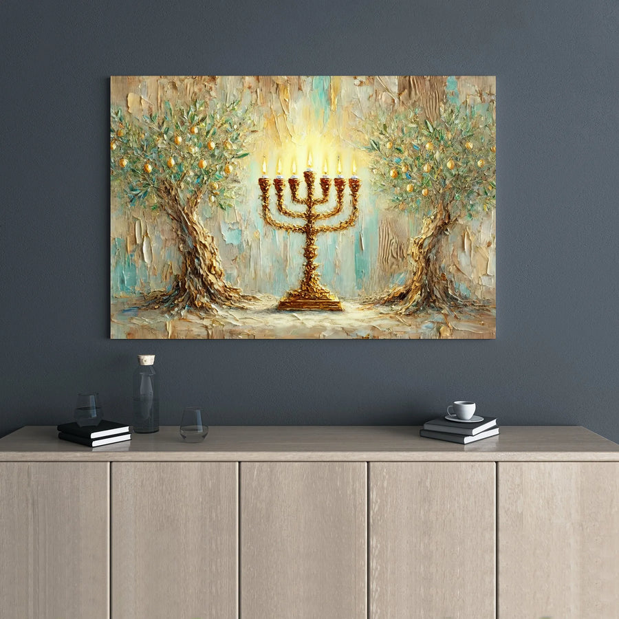 Golden Menorah Canvas Art | Impasto Olive Tree Jewish Wall Decor | Gallery Wrapped Premium Print | Hanukkah Home Gift For Judaica Collectors