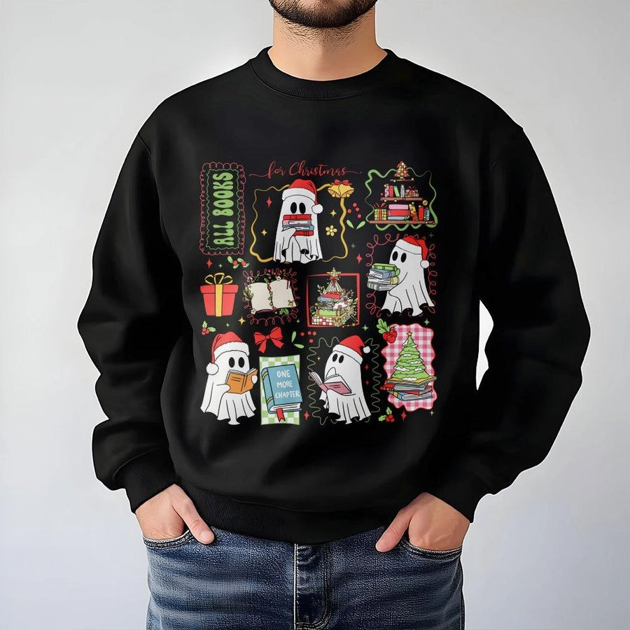 Reading Ghost Christmas Sweatshirt | Cute Book Lover Holiday Graphic | Premium Cotton Blend | Gift for Readers and Librarians