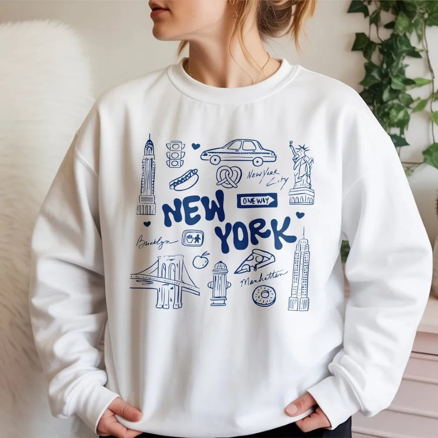 New York City Sweatshirt | Doodle Collage Landmark Print | Premium Cotton Blend | NYC Tourist Souvenir Gift for Men & Women