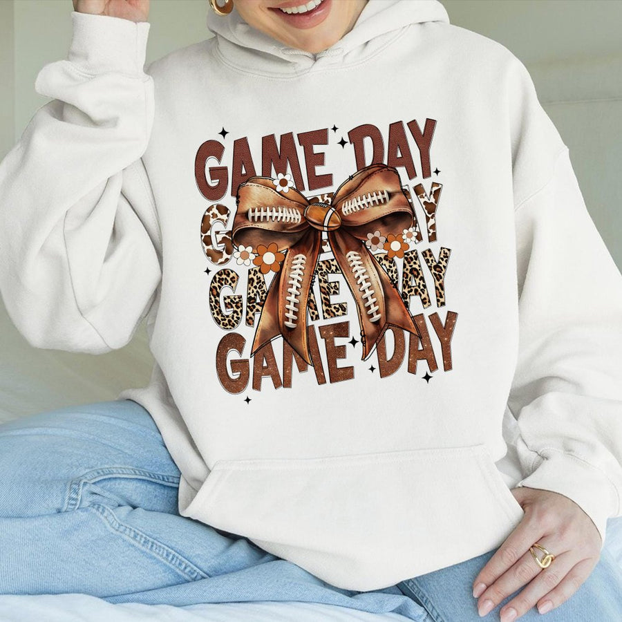 Game Day Football Hoodie | Leopard Print Bow Graphic | Soft Cotton-Poly Blend | Cute Fall Sports Apparel Gift for Women and Fans