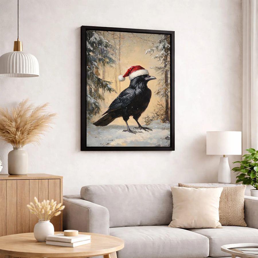 Christmas Crow Canvas Wall Art | Winter Raven in Santa Hat Painting | Premium Gallery-Wrapped Decor | Unique Holiday Gift for Bird Lovers