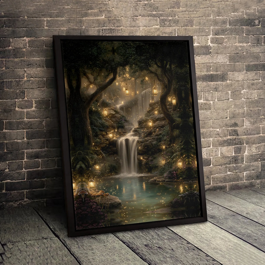 Enchanted Forest Waterfall Canvas | Magical Glowing Lanterns & Fireflies Wall Art | Premium Fade-Resistant Print | Whimsical Nature Home Decor