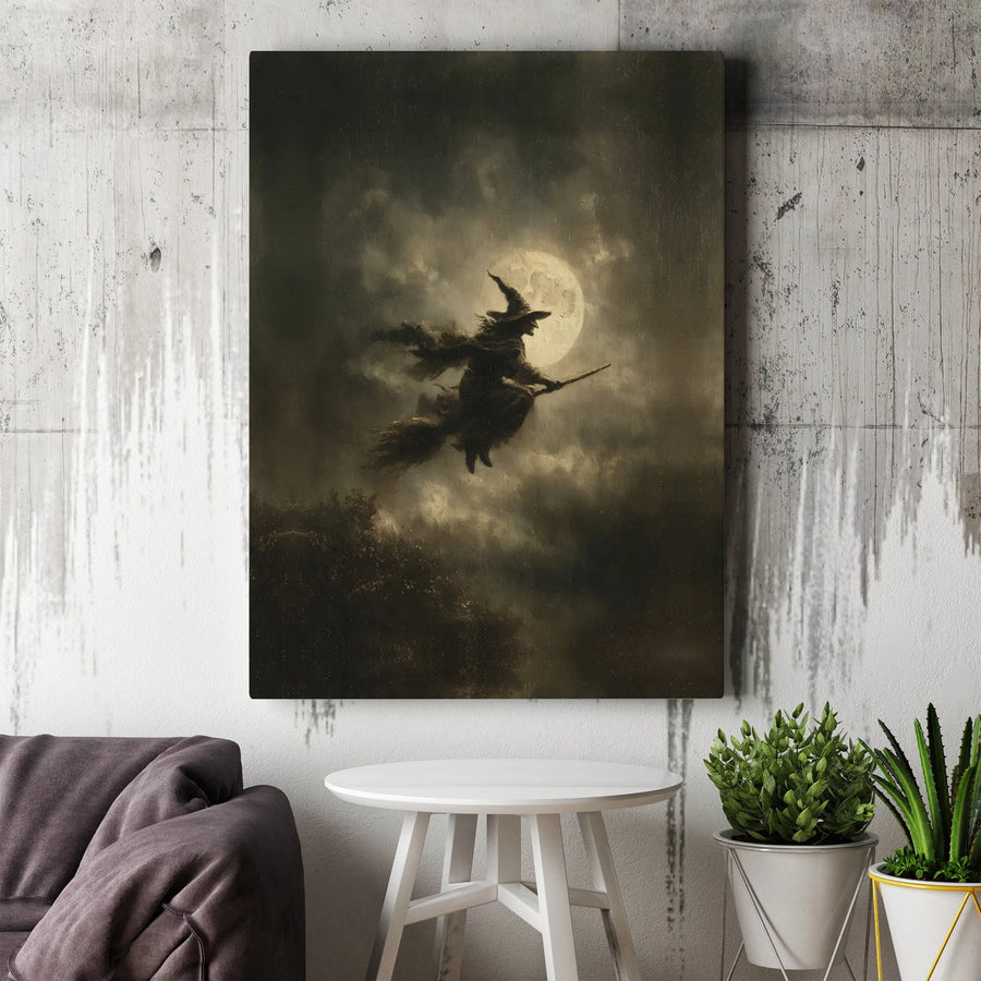 Witch Flying on Broomstick Wall Art | Gothic Full Moon Silhouette Print | Premium Gallery Canvas | Spooky Halloween Home Decor Gift